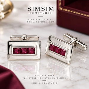 Natural Ruby 92.5 Sterling Silver Cufflinks – Rectangular Design with 3 Square Rubies