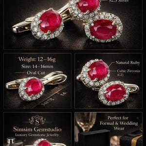 Puede incluir: Gemelos de plata de ley con rubíes naturales de corte ovalado y halos de circonita cúbica. Peso: 12-16g, tamaño: 14-16mm. Ideales para eventos formales, bodas, negocios y regalos de lujo.