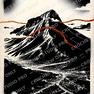 Volcano Printable | Bold Dramatic Dreamscape Wall Art | Eruption Lava Black White Illustration | Modern Digital Download Gift