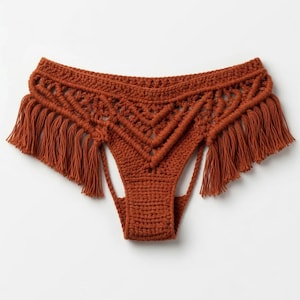Patrón PDF de braguita de bikini de ganchillo, braguita de bikini estilo boho playero con flecos en zigzag color terracota