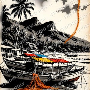 May include: Black and white illustration of a tropical beach scene with boats. The boats have colorful canopies in red, yellow, and blue. Palm trees and mountains are in the background. Orange yarn is draped across the image.