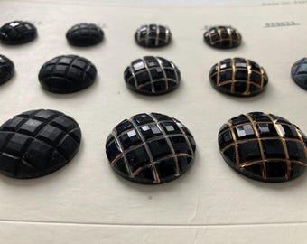 Large Scale Vintage Czech Sample Card No. 5459 - 14 Faceted Black & Iridescent Glass Buttons
