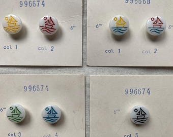 Set of 4 Vintage Czech Sample Cards - Sailing Boat & Sun Buttons - Hand-Painted Primary Colors