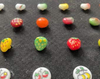 48 Miniature Hand-Painted Buttons - Fruit, Animals & Vehicles - Museum Quality Collector’s Board