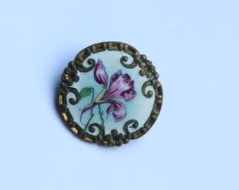 Vintage Enamel Button - Hand-Painted Pink Floral Motif - Ornate Brass Filigree Frame - Art Nouveau Style