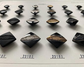 24 Square Swirl Motif Buttons on Sample Card -  Black, Gold & Silver Finish