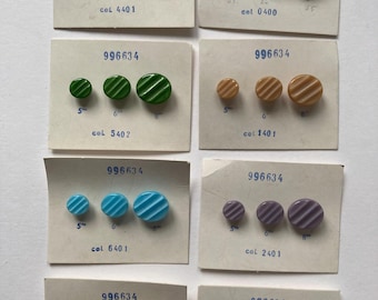 Set of 8 Cards - Czech Glass Diagonal Ribbed Buttons – 8 Colors in 3 Sizes