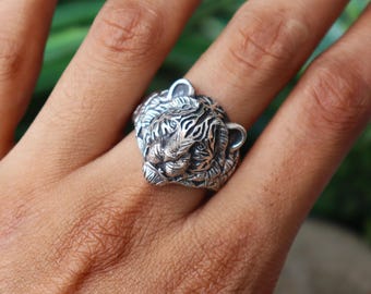 Tigerhuvudring, 925 sterlingsilver, handgjord ring, djurälskarring, herrsignetring, berlockring, statementsmycken, bohemisk ring