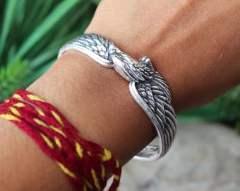 Silver Eagle Armring, 925 Sterling Silver, Öppen Manschett Armring, Handgjord Armring, Charm Armring, Oxiderat Silverarmring, Justerbar Armring