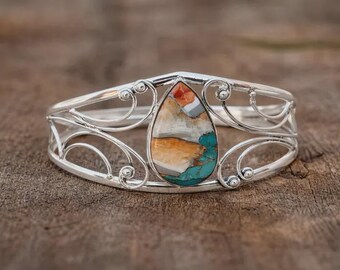 Spiny Oyster Turquoise Bangle, 925 Sterling Silver, December Birthstone, Handmade Bangle, Designer Bangle, Women's Bangle, Dainty Bangle