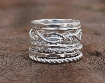 Silverringset, Handgjord ring, 925 sterlingsilver, Stapelring, Ring med lager, Texturerad silverring, Statementring, Damring