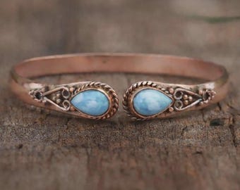 Blue Larimar Copper Bangle, 925 Sterling Silver, Handmade Ring, Designer Bangle, Women's Bangle, Statement Bangle, Natural Larimar