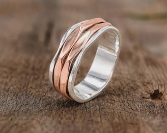 Mixed Metal Spinner Ring, 925 Sterling Silver, Copper Ring, Anxiety Ring, Two Tone Ring, Meditation Ring, Wavy Fidget Ring, Boho Ring