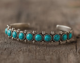 Blå turkos armband, 925 sterlingsilver, armband med 10 ädelstenar, designerarmband, armband med öppen manschett, justerbart armband, charmarmband