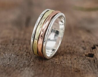Mixed Metal Spinner Ring, 925 Sterling Silver, Copper Brass Ring, Three Tone Ring, Meditation Ring, Anxiety Ring, Fidget Ring, Boho Ring