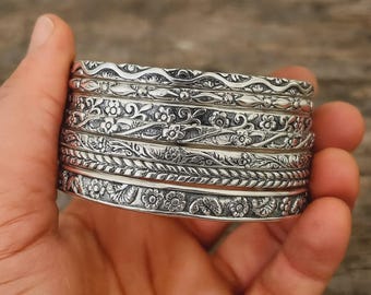 Set med 7 armringar, blommigt armband, 925 sterlingsilver, tjockt tungt silverarmband, stapelbart armband, handgjort armband, vardagssmycken