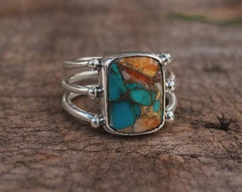 Ostronkopparring i turkos, elegant ring, 925 silverring, handgjord ring, berlockring, uttalandering, decemberfödelsesten, boho-ring