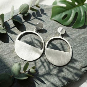 Geometric Circle Earring,  925 Sterling Silver, Statement Earring, Half Moon Earring, Dangle Drop Earring, Modern Jewelry, Dainty Earring