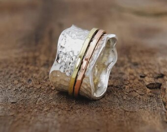 Mixed Metal Spinner Ring, Handmade Ring, 925 Silver Ring, Meditation Ring, Hammered Silver Ring, Fidget Ring, Bohemian Jewelry, Spiny Ring