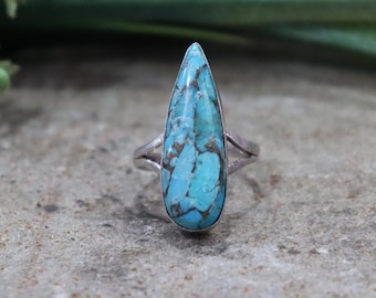 Blå koppar turkos ring, 925 sterlingsilver, handgjord ring, statementsmycken, december födelsesten, droppformad ring, ädelstensring