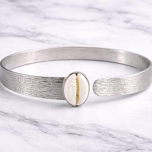 Cowrie Shell Bangle, Artisan Jewelry, 925 Sterling Silver, Bohemian Bangle, Open Cuff Bangle, Designer Bangle, Ocean Inspired Gift