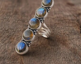 Labradorite Ring, 925 Silver Ring, Dainty Ring, Charm Ring, Five Gemstone Ring, Statement Ring, Handmade Ring, Designer Ring, Bohemian Ring