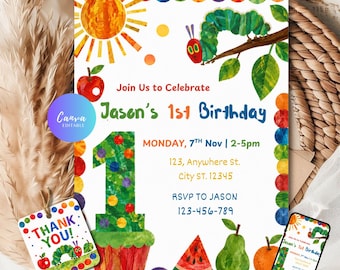 Hungry Caterpillar 1st Birthday Party Invitation, Hungry Caterpillar invite Thank you tag, Editable Canva Template (Digital Download)