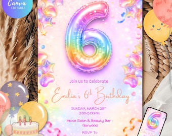 6th Birthday Invitation Girls Pink Rainbow theme Printable, Editable Glitter pastel foil balloons Number Six Birthday Invite Template