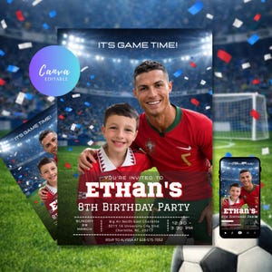 Peut inclure: Une invitation d'anniversaire sur le thème du football avec une photo d'un footballeur et d'un jeune garçon. L'invitation comprend le texte "IT'S GAME TIME!" et les détails de la fête du 8e anniversaire d'Ethan.