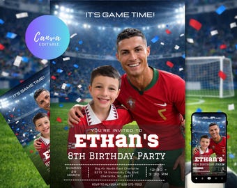 Custom CR7 birthday invite Photo template - Personalized Ronaldo themed birthday invite, Football invitation kid birthday (Digital Download)