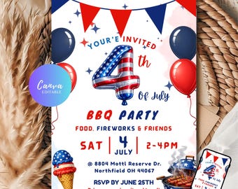 4th Of July Invitation, Birthday BBQ invitation, USA Independence Day Invitation (Instant Download)