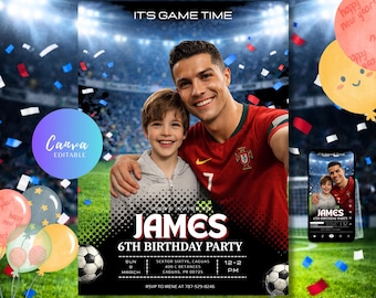 Plantilla de invitación de cumpleaños personalizada de CR7: invitación imprimible con retrato personalizado de Ronaldo, selfie infantil de Ronaldo (descarga digital)