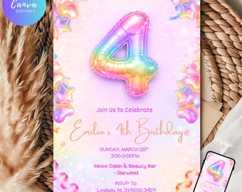 4th Birthday Invitation Girls Pink Rainbow theme Canva, Editable pastel foil balloon Number Four Birthday Invite, Digital & Printable