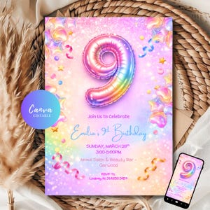 Puede incluir: Una colorida invitación para el 9º cumpleaños de Emilia, con un gran globo número 9 arcoíris. El diseño incluye colores pastel, estrellas y cintas. El texto dice "Join Us to Celebrate" y proporciona detalles del evento, incluyendo fecha y hora.