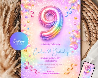 Editable 9th Birthday Invitation Girls Pink Rainbow theme Template, Glitter pastel foil balloons Number Nine Birthday, Canva 5x7