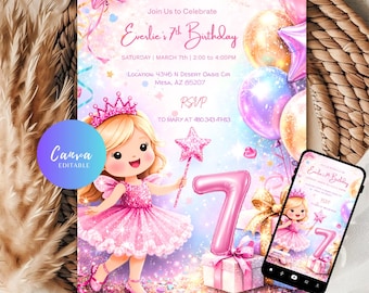 Editable 7th Birthday Invitation Girls Pink Template, Glitter pastel foil balloons Number Seven Birthday invite (Instant Download)