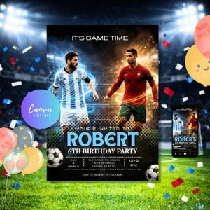 May include: Digital invitation for a 6th birthday party with a football theme. The design features two football players, the text "IT'S GAME TIME", and party details. Includes a mobile phone mockup and balloons.