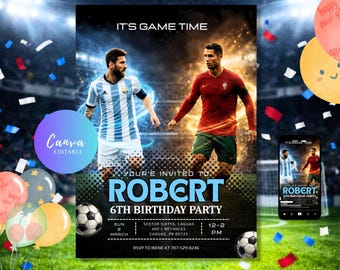 Plantilla de Canva para invitación de cumpleaños de Messi vs. Ronaldo para fiesta de fútbol infantil, imprimible y para compartir en dispositivos móviles (descarga digital)