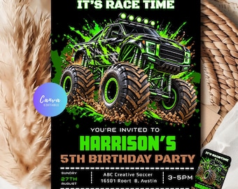 Editable Monster truck Birthday Party invitation template, Monster truck Party invite Digital and Printable  5 x 7 in (Instant Download)