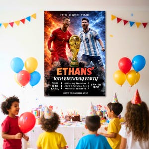 May include: A birthday party scene with a poster featuring soccer players and a golden trophy. The poster reads "ETHANS 10TH BIRTHDAY PARTY". Colorful balloons and children wearing party hats are in the foreground.