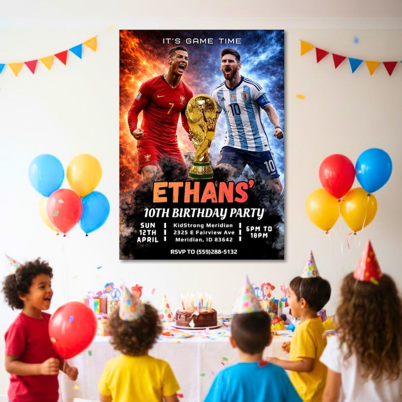 May include: A birthday party scene with a poster featuring soccer players and a golden trophy. The poster reads "ETHANS 10TH BIRTHDAY PARTY". Colorful balloons and children wearing party hats are in the foreground.