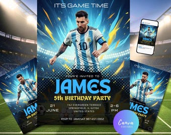 Plantilla editable de invitación de Messi para Argentina, invitación de video de cumpleaños infantil de Messi, invitación de cumpleaños de fútbol imprimible para descarga instantánea