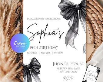 Black Bow 21st Birthday Invitation Template, Black bow invite digital template, Canva Editable