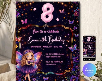 Editable black 8th Birthday Invitation Girls Template, Animated Editable 8th Birthday Girl Template Dark Floral (Digital Download)