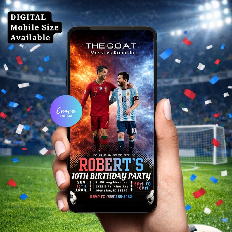 Ronaldo and Messi Birthday Invitation Template: Kids Soccer Party Invite, Messi vs CR7 Invites Printable & Mobile Share (Digital Download) image 6