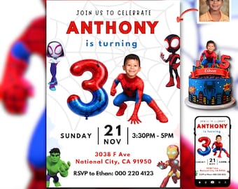 Personalized Photo Spidey and his friends Birthday Invitation, Spidey Friends Birthday invite, Editable Superhero Party decor (Digital File)