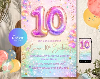 Invitación de cumpleaños número 10 para niñas, plantilla de video rosa, globos de lámina pastel brillantes animados, invitación digital e imprimible de cumpleaños número diez