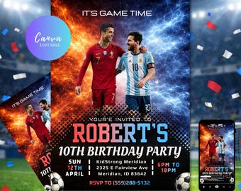 Ronaldo and Messi Birthday Invitation Template: Kids Soccer Party Invite, Messi vs CR7 Invites Printable & Mobile Share (Digital Download)
