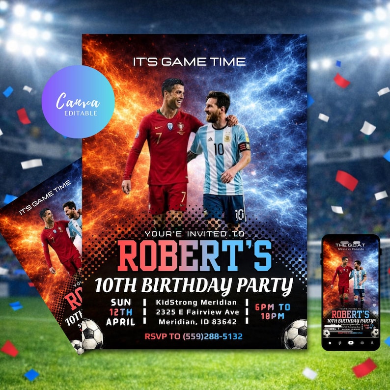 Ronaldo and Messi Birthday Invitation Template: Kids Soccer Party Invite, Messi vs CR7 Invites Printable & Mobile Share (Digital Download) image 1