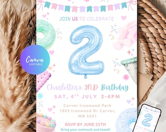 2nd Birthday Party Invitation Girl Pastel Balloon Invite, Two Sweet Birthday Invitation, Pastel Birthday Party Invite, Digital Download